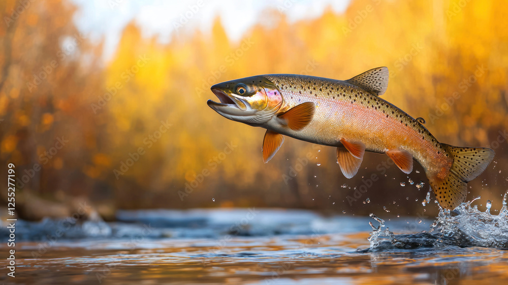 Obraz premium fish jumping out of stream surrounded by autumn foliage, showcasing nature beauty and energy