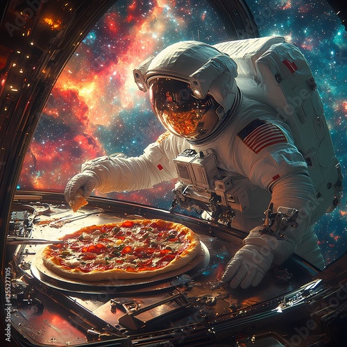 Astronaut enjoys pizza in space while observing a colorful cosmic backdrop during a deep space mission