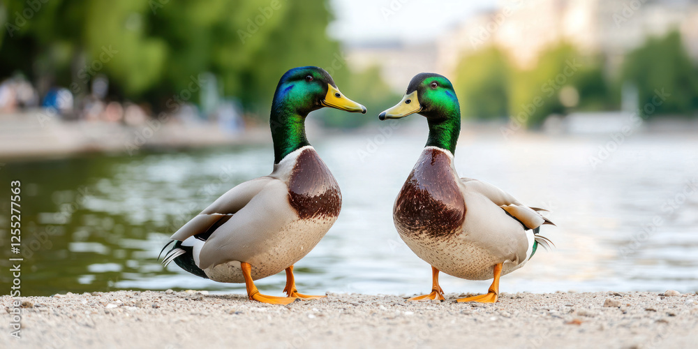 Obraz premium Ducks standing by peaceful river, showcasing vibrant colors and calm surroundings