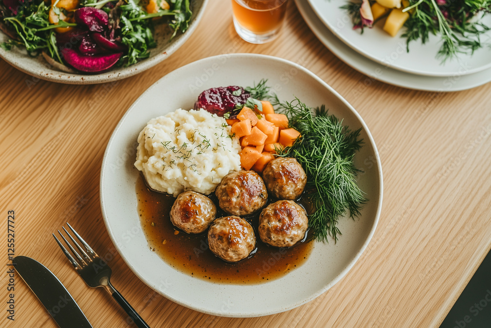 A traditional Swedish home-cooked meatballs with mashed potatoes and jam. A traditional Swedish home-cooked meatballs with mashed potatoes and jam.
