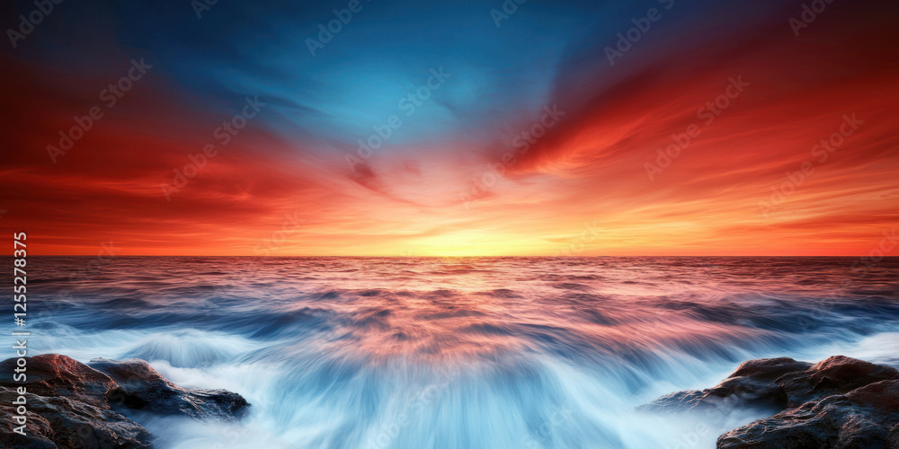 Obraz premium vibrant sunset over calm ocean with waves gently crashing on rocks, creating serene atmosphere