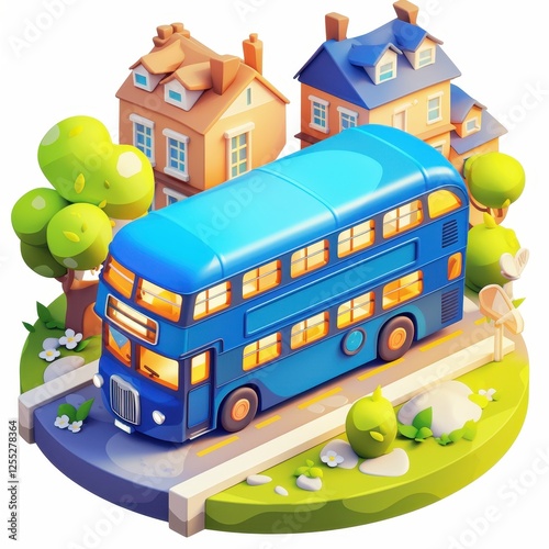 Adorable Blue Double Decker Bus Driving Through Cartoon Town Scene photo