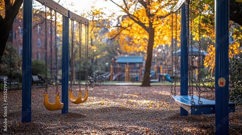Playful autumn afternoon in a park with swings, colorful leaves, and playground Playful autumn afternoon in a park with swings, colorful leaves, and playground