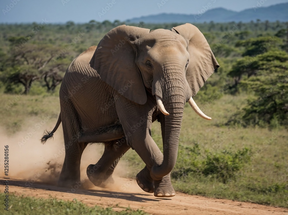 Obraz premium Majestic African Elephant Walking Through Vibrant Savanna Ecosystem in Natural Setting