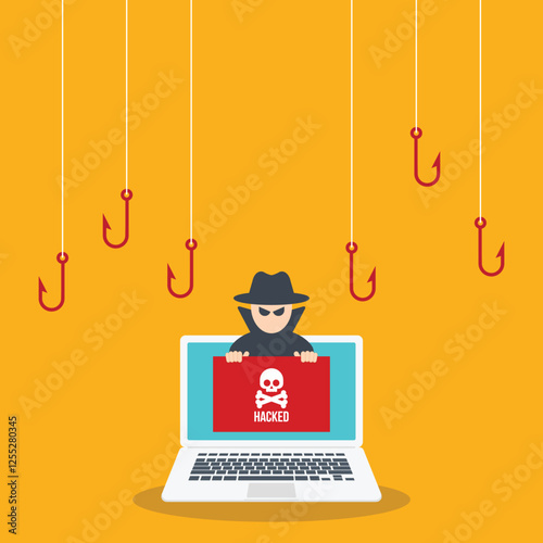 Hacker attack. Hackers and cybercriminals phishing, identity theft, user login, password, documents, email and credit card. Hacking and web security. Internet phishing concept. Vector illustration
