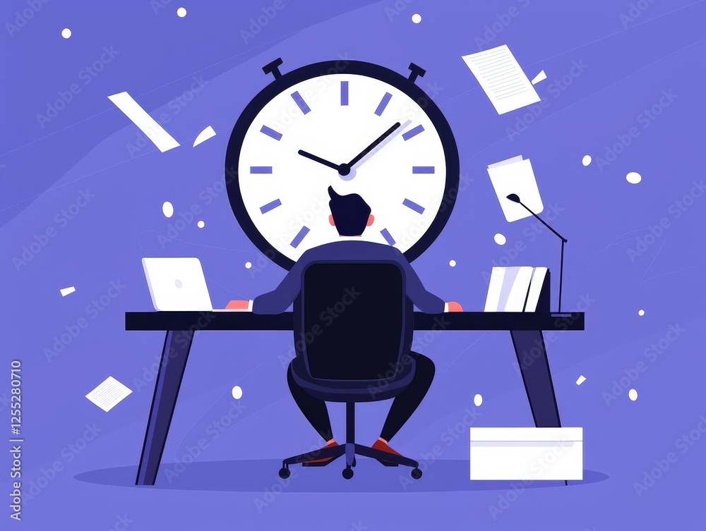 Man at desk with clock and time management illustrations in background for productivity concept Man at desk with clock and time management illustrations in background for productivity concept