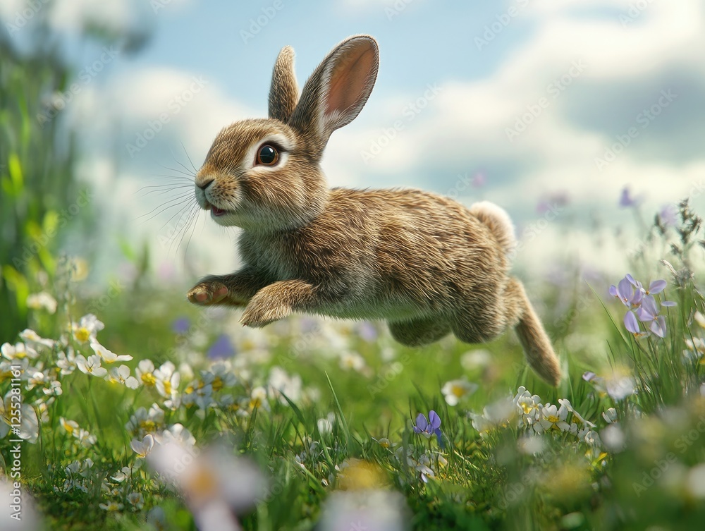 Fototapeta premium Cute Rabbit Jumping Through a Meadow of Wildflowers on a Sunny Day