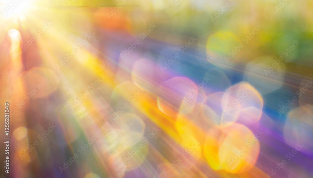 Spring colorful blurred sun rays background. Rainbow lens flare effect bokeh, abstract composition for your design.