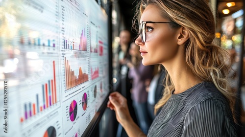 Professional woman analyzing data charts on a digital screen in a modern office