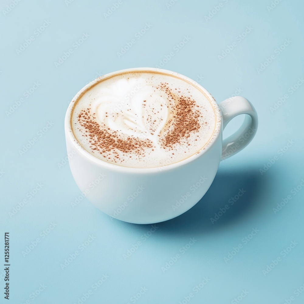 Cappuccino, coffee, latte art, blue background, cafe Cappuccino, coffee, latte art, blue background, cafe