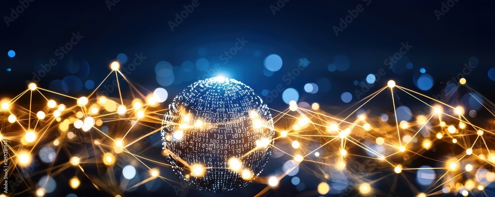 Naklejka premium Global Network Connection Digital Sphere with Binary Code and Illuminated Nodes
