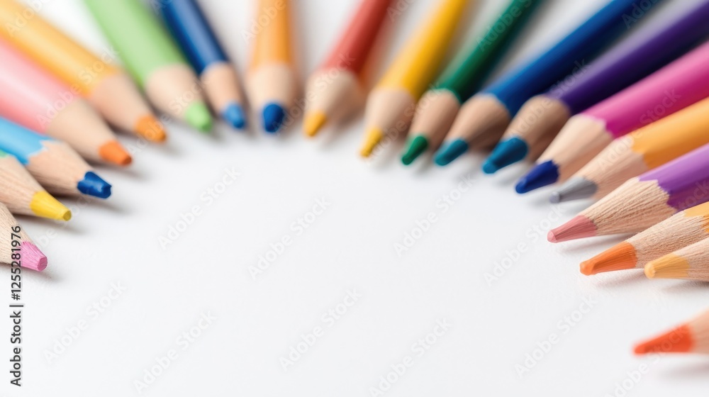 Naklejka premium Colorful wooden pencils arranged in a semi-circle on a white background in bright studio light.