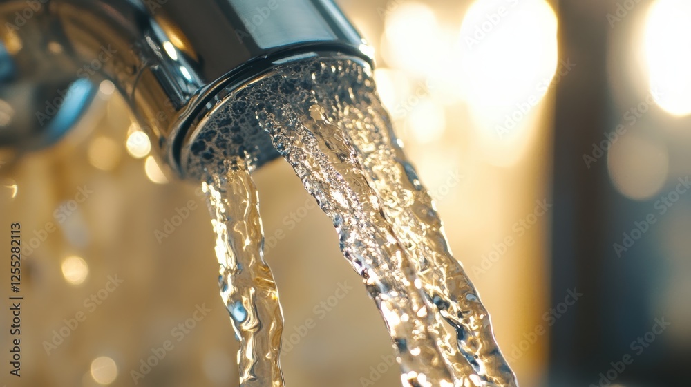 Water flowing from a modern faucet into a sink, with shimmering reflections and bubbles, showcasing plumbing in a stylish kitchen or bathroom setting. Water flowing from a modern faucet into a sink, with shimmering reflections and bubbles, showcasing plumbing in a stylish kitchen or bathroom setting.