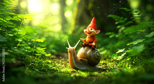 Tiny Gnome Riding a Snail Through a Mystical Forest photo