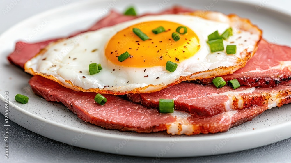 Sunny-side up egg on smoked meat breakfast Sunny-side up egg on smoked meat breakfast
