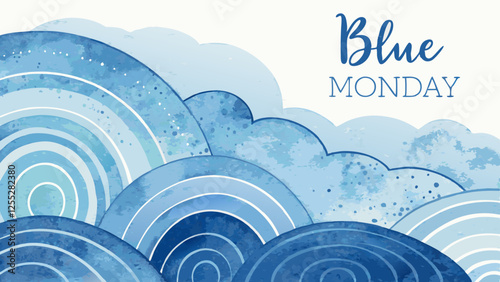  Watercolor abstract shapes in layered blue hues evoking dynamism and contemplation for Blue Monday reflection with copy space  
