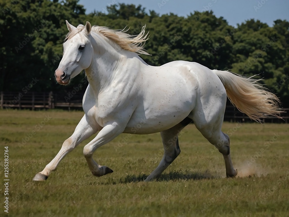 Majestic White Horse Galloping in Nature's Pasture Under Sunlight Majestic White Horse Galloping in Nature's Pasture Under Sunlight