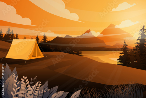 best-scene-tent-camping-nature-landscape-mountain-river-forest-with-sunray-sunset-evening-warm-tone