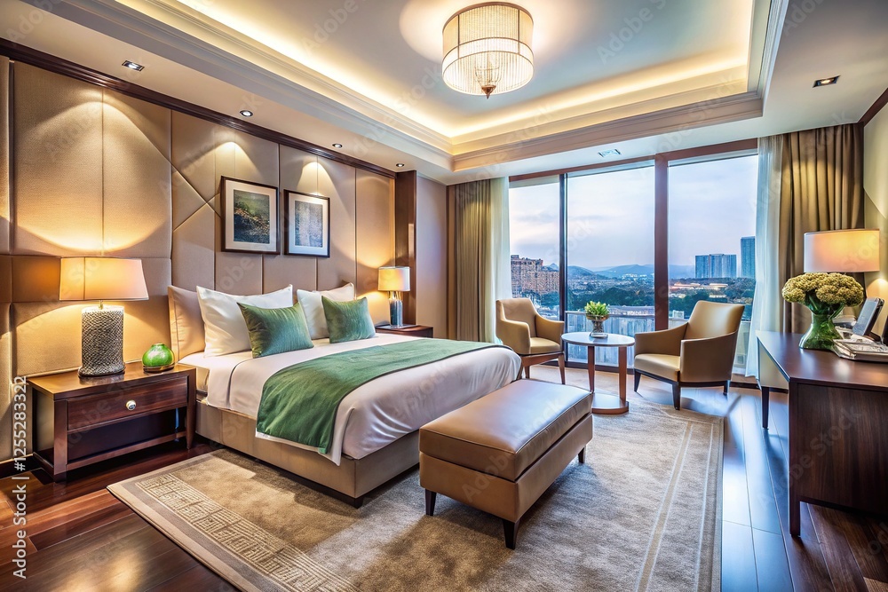 Naklejka premium Enchanting Hotel Room Oasis: A Symphony of Serene Hues and Captivating Ambiance