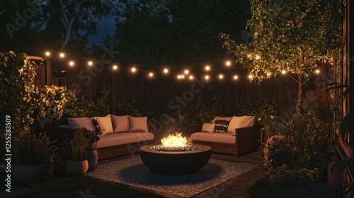 Cozy Backyard Evening with Fire Pit and String Lights for Relaxation