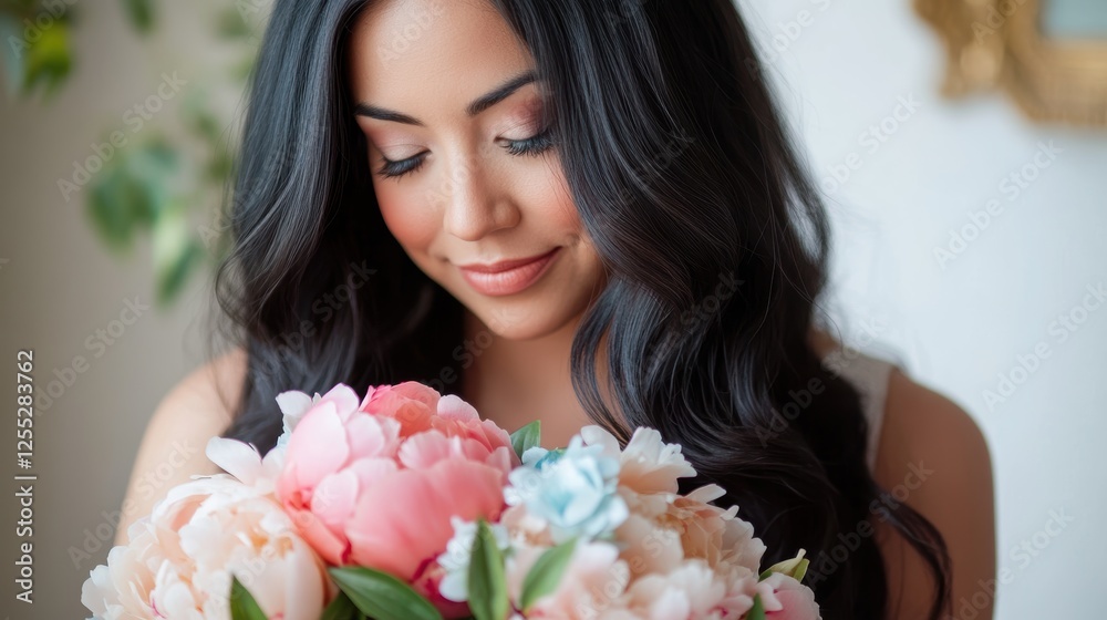 Woman holding a bouquet of peonies and roses, showcasing natural beauty and elegance in a bright, airy indoor setting for floral arrangements and weddings. Woman holding a bouquet of peonies and roses, showcasing natural beauty and elegance in a bright, airy indoor setting for floral arrangements and weddings.