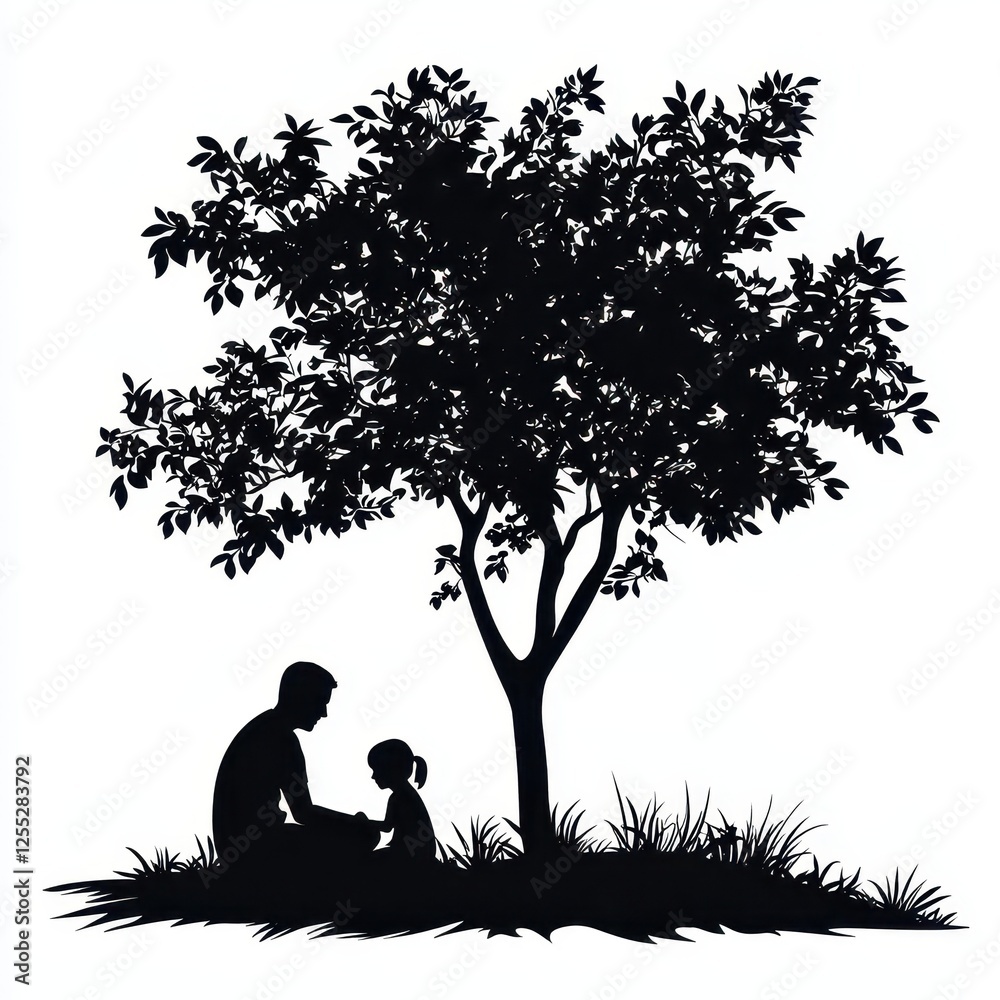 Father and Daughter Silhouettes Underneath a Tree Peaceful Family Scene Nature Illustration Father and Daughter Silhouettes Underneath a Tree Peaceful Family Scene Nature Illustration