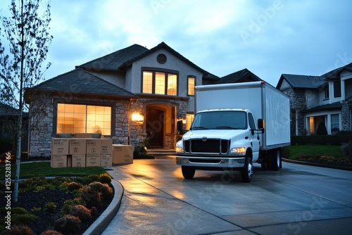 Moving day excitement as a truck arrives at a cozy family home during dusk. Generative AI photo