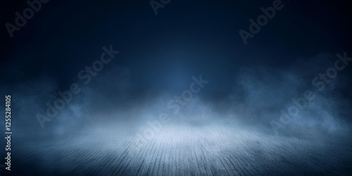 Dramatic Misty Wooden Stage with Blue Fog and Mysterious Lighting for Theater or Cinematic Backgrounds