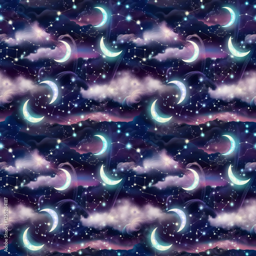 Mystical night seamless pattern with moon, stars, and clouds for blogs, cards, for dreamy night sky designs,  for stationery and game design