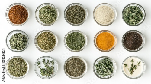 Assorted Herbs and Spices in Glass Bowls on a White Background
