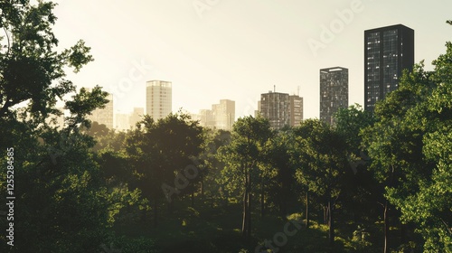 Urban Serenity: Cityscape View through Lush Green Trees and Sunlight