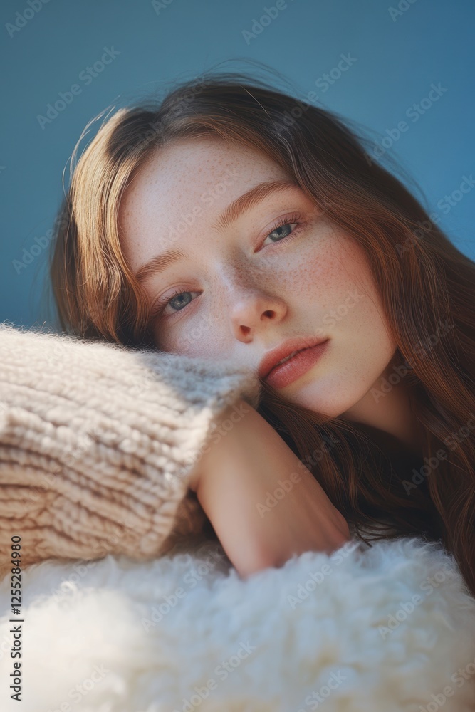 Woman resting on her arm with a thoughtful expression, capturing natural beauty in soft lighting. Concept of relaxation, self-care, and introspection at home. Woman resting on her arm with a thoughtful expression, capturing natural beauty in soft lighting. Concept of relaxation, self-care, and introspection at home.