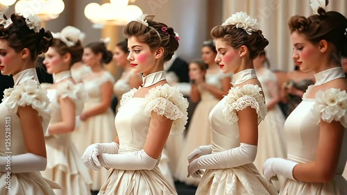 Society Debutante Ball Featuring Young Women in White Gowns and Gloves