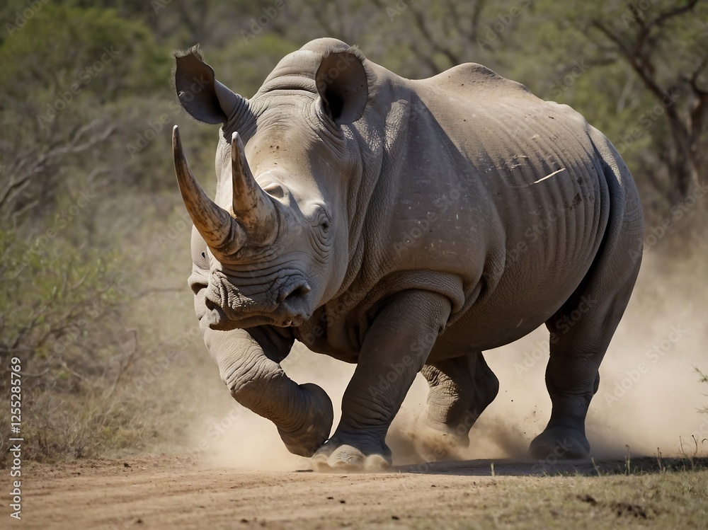 Fototapeta premium Majestic Rhino Running in Natural Habitat Showcasing African Wildlife Conservation