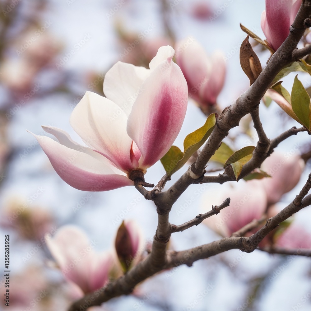 a close-up from a magnolia blossom on a branch with blue sky on the background a close-up from a magnolia blossom on a branch with blue sky on the background