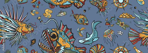 Deep water. Sea monsters. Underwater world seamless pattern. Life of ocean background. Angler fish, lionfish, jellyfish. Old school tattoo style
