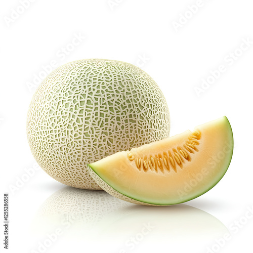 A whole melon and half a honeydew, isolated on a white background, a photorealistic picture. 