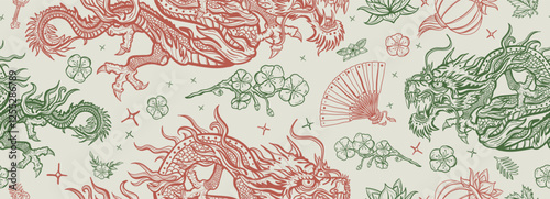 Chinese dragons seamless pattern. Ancient China history and culture. Asian travel background. Oriental art. Flying snakes and lotus flowers.