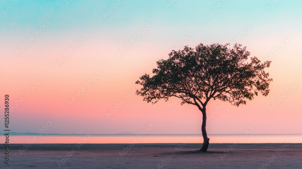 Serene Sunset Seascape Solitary Tree Silhouette on Pink Beach Serene Sunset Seascape Solitary Tree Silhouette on Pink Beach