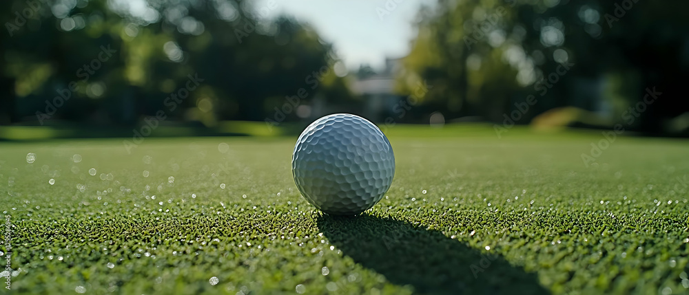 Golf ball on green, sunny day, course background Golf ball on green, sunny day, course background