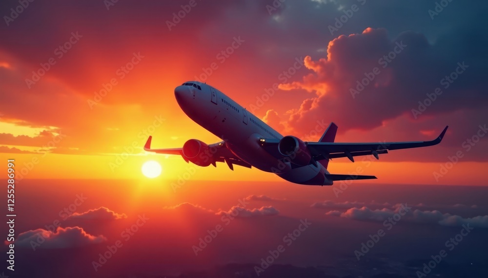Airplane taking off at dawn, fiery sky backdrop , yellow, scenic Airplane taking off at dawn, fiery sky backdrop , yellow, scenic