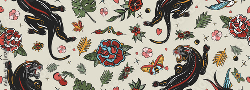 Black panthers and roses flowers seamless pattern. Traditional asian tattooing art. Wild cats, flowers, red heart and palm leaves. Tropical animals background. Old school tattoo style