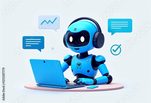 Elegant Blue Chatbot Character: Isometric Laptop User with Message and Graph Icons - Ideal for AI Assistance Branding

