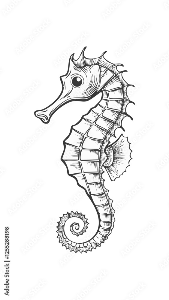 Fototapeta premium Cute Seahorse Animal Coloring Kid Book Page in Black and White. Monochrome and Colored Samples 