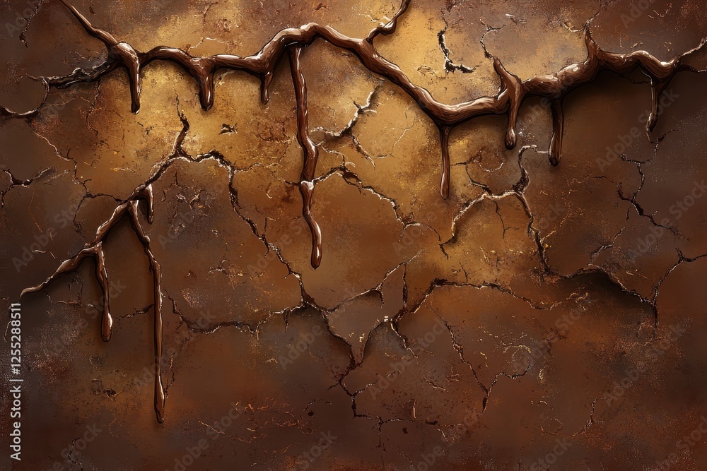 Naklejka premium Textured Brown Surface with Dripping Liquid and Cracked Patterns