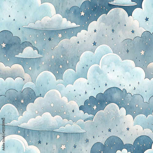 Seamless clouds pattern in light blue and gray washes evoking tranquility and heaviness for Blue Monday reflection  