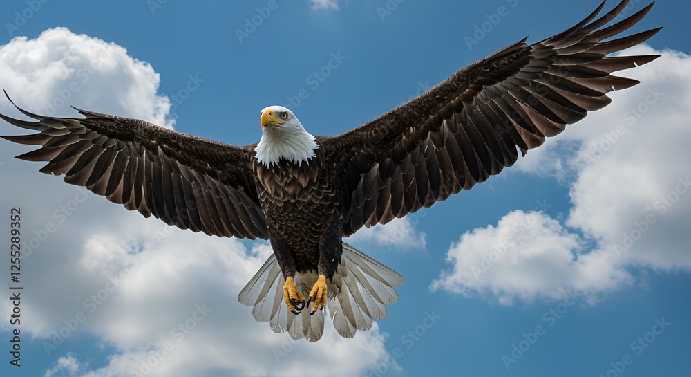 Obraz premium Bald eagle soars majestically through a blue sky