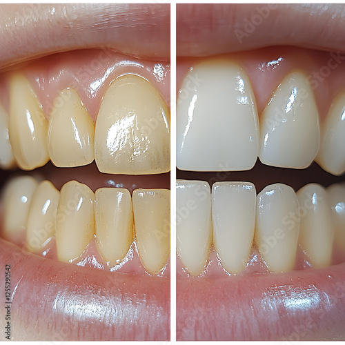 A close-up photo showing the same set of teeth, with one side displaying the teeth before whitening and the other side showing the teeth after whitening. photo