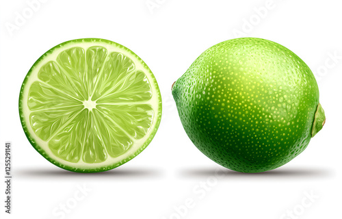Isolated green lime fruit with half on a white background, no shadow, no reflection, no depth of field, no blur, no contrast, no reflections, no shadows, no reflections, no reflections, no reflection,