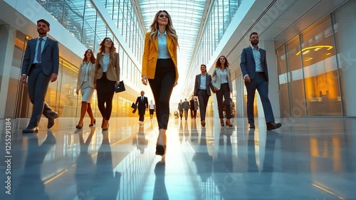 Power Walk: A team of driven business people strides confidently through a modern, spacious hallway. The shot captures the essence of leadership and progress, enhanced by the building's sleek design.